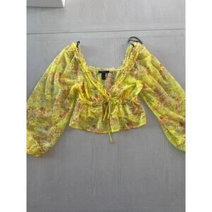 Forever 21 Yellow Sheer Lace Cottagecore Fairycore Cabincore Ethereal Crop Top